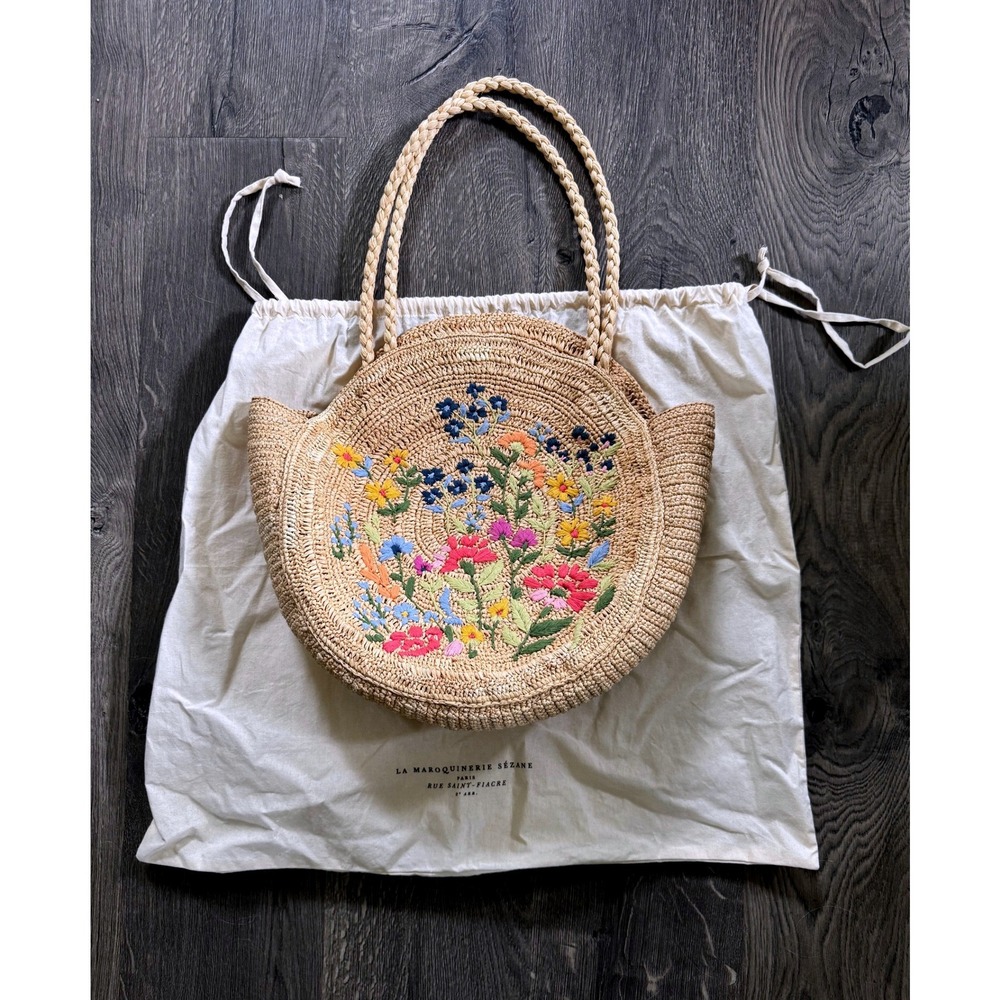 Sezane June Raffia Basket Purse Floral Multicolor Flowers Embroidered Tote Bag